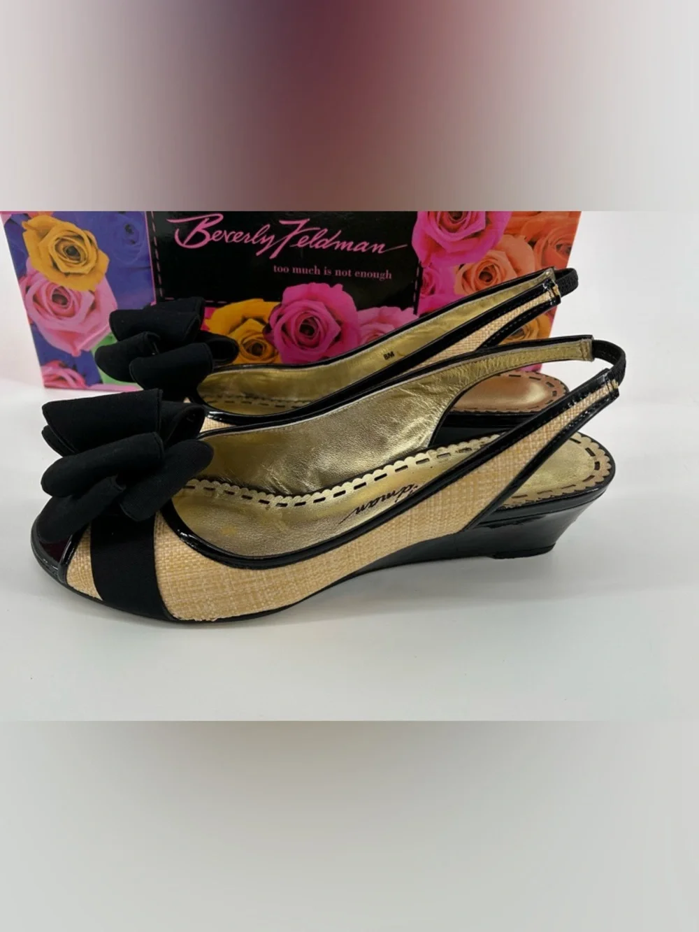 Beverly Feldman Black and Natural Slingback Peep-Toe Wedges with Bow